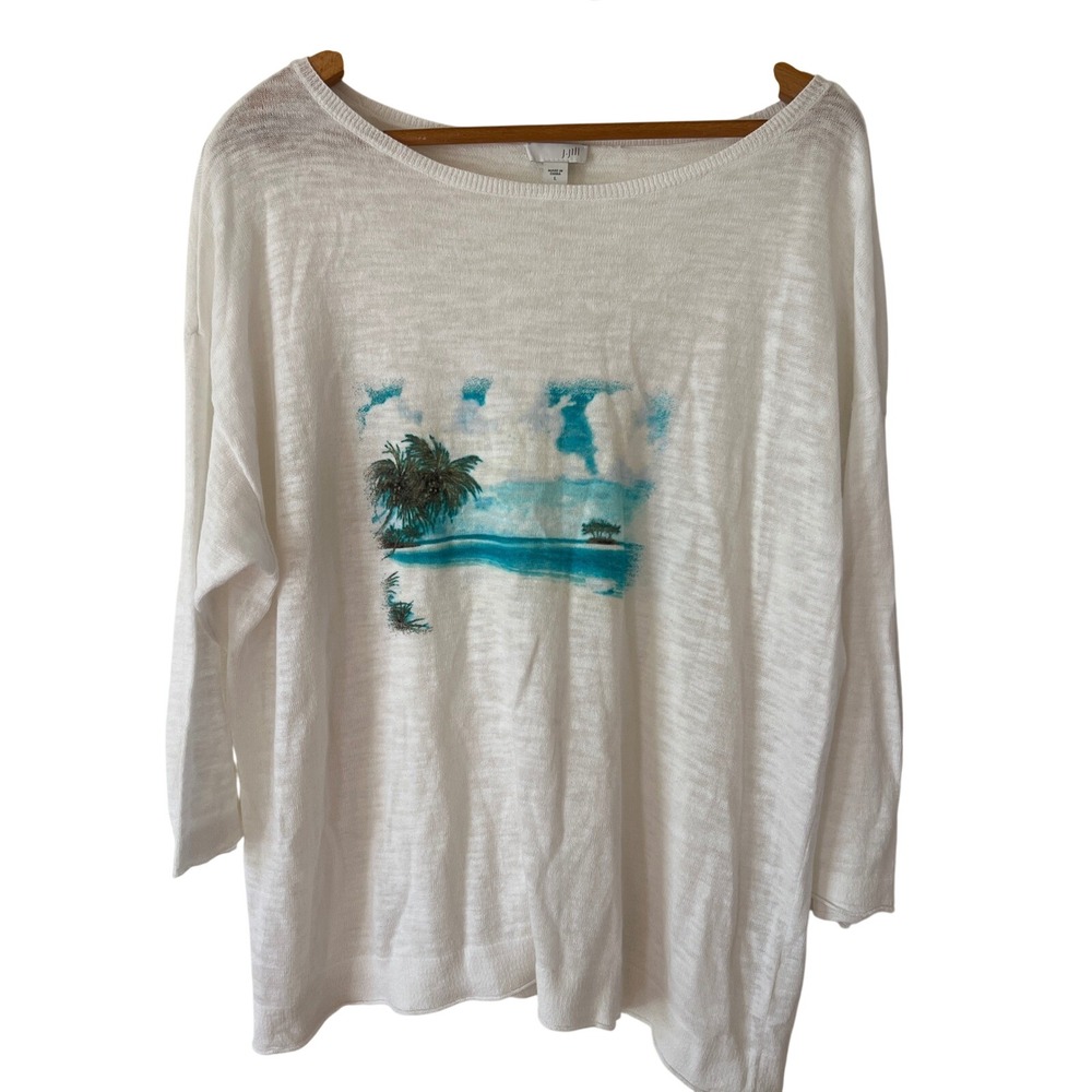 J. Jill Women White Tropical Beach Palm Tree Graphic Knit Top Large Linen Blend